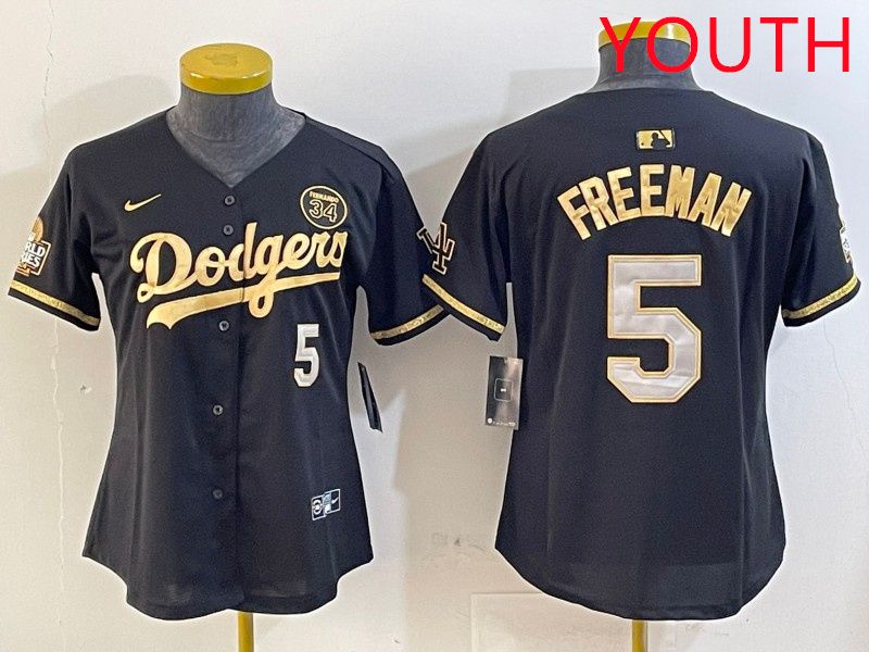 Youth Los Angeles Dodgers 5 Freeman Black Gold 2025 Nike MLB Jersey style 414